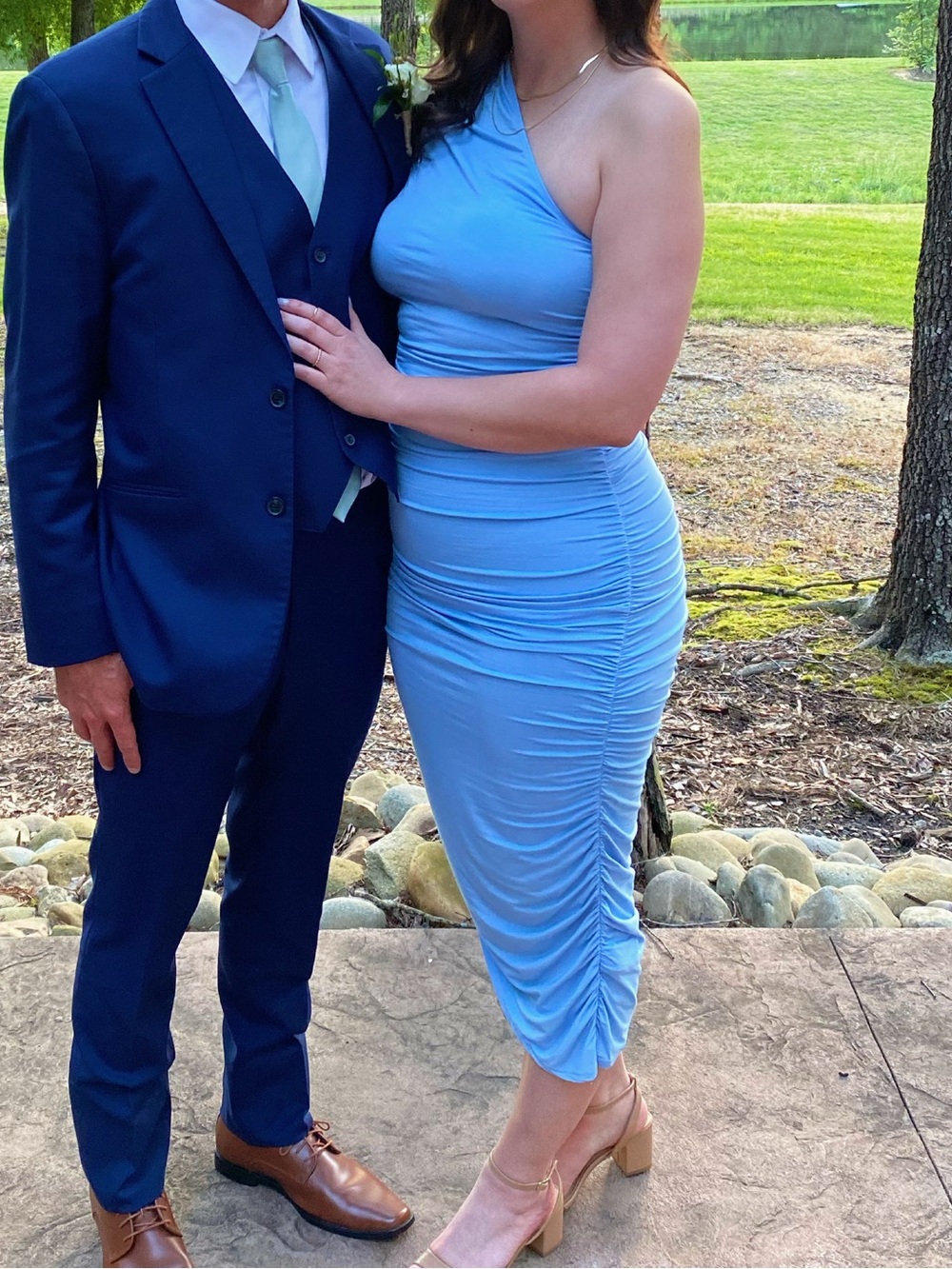 Light Blue One-Shoulder Ruched Maxi Dress
